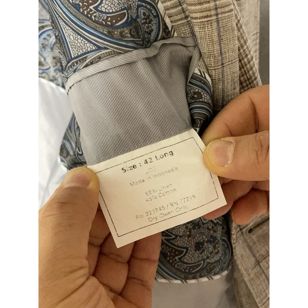Joseph Abboud Blazer Men 42L Tan Plaid Slim Linen Cotton Casual Sport Coat Luxe